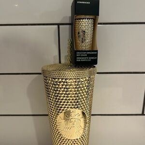 Starbucks Gold Studded 24oz Cup + Cold Cup Ornament Key Chain